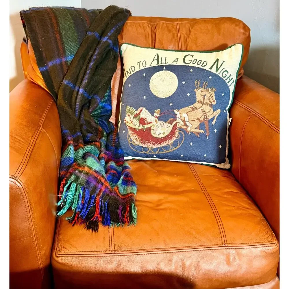 Vintage Christmas Tapestry Pillow | Santa Sleigh, Reindeer, Moon | Holiday